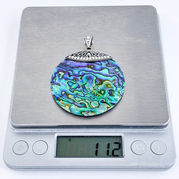 Vintage Sterling Silver 925 Ornate Abalone Shell Disc Pendant - Picture 6 of 7